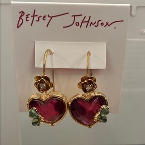 Betsey Johnson Gold and Pink Heart & Floral Earrings